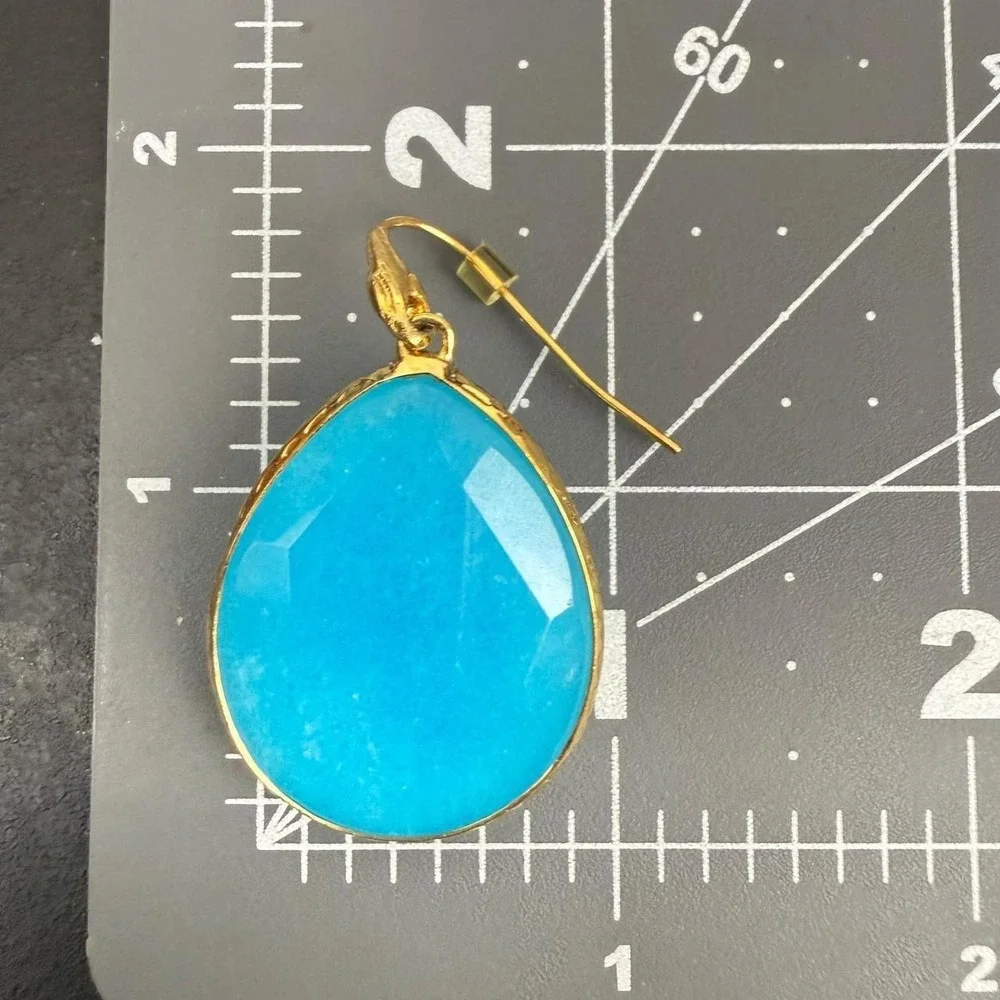 Turquoise Teardrop Earrings Faceted Stone Gold Tone Bezel Dangle Bohemian Style